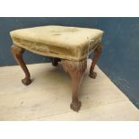 Geo III mahogany stool with carved cabriole legs to claw & ball feet 45H x 55W cm