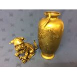Chinese bronze vase with crane neck handles 31cm H & Dog of Fo 18cm H Please check condition