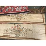 Chinese silk panel, profuseley decorated with red background, and embroidered Chinese figures in