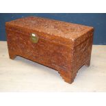 Chinese carved camphor wood chest 46H x 88W cm