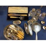 4 hallmarked silver topped glass scent bottles, hallmarked silver brooch and mirror set & qty of