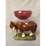 Royal Doulton figure of a chestnut mare and foal & Bohemian glass bowl