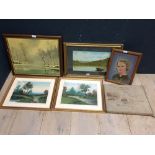 Oil on canvas, portrait of Lady in gilt parcel case 23 x 33 cm & 3 various pictures