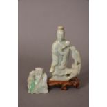 C19th Chinese jadeite figure of a lady, dressed in a long flowing robe holding a lingzhi sprig in