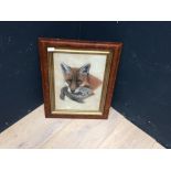 A dark wood veneer framed oil painting of a 'Wildlife study of a fox and game bird', 41 x 31 cm