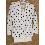 Ladies Yves St Laurent cream & blue dot summer jacket with cream skirt, size 38