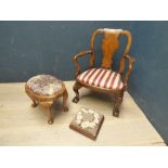 Child's Georgian style walnut carver & 2 footstools