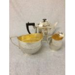 Good 3 piece hallmarked silver, half fluted tea service, Birmingham 1905, 30 ozt