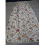 Pair of interlined floral pattern curtains, cream ground & red roses