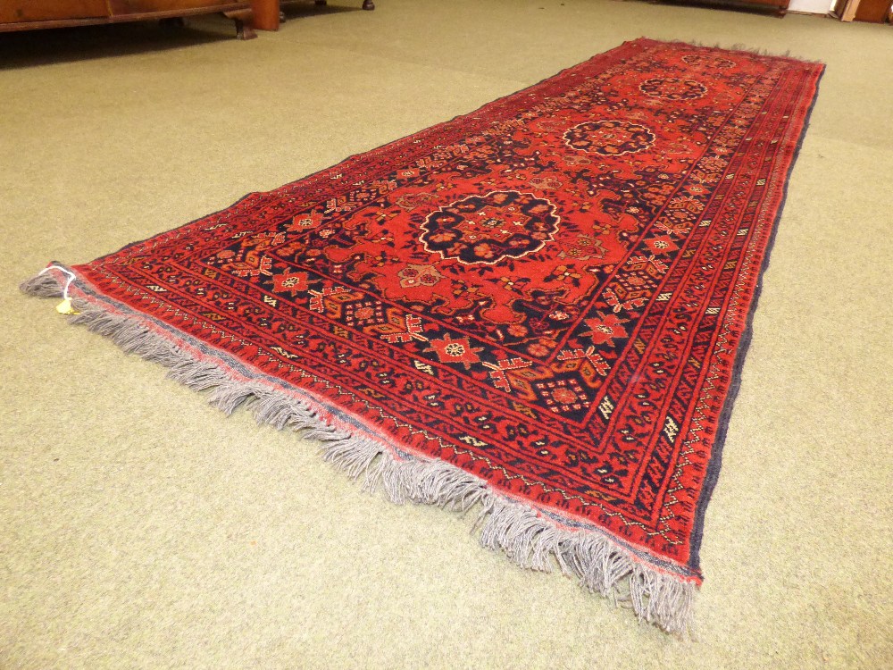 Persian KOKAZ hand knotted runner red ground with 4 blue loztenges all over geometric and stylised