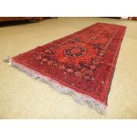 Persian KOKAZ hand knotted runner red ground with 4 blue loztenges all over geometric and stylised