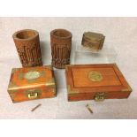 2 Chinese C19th carved bamboo brush pots 22cm H, a brass Asian box and two brass bound Asian