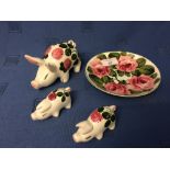 Wemyss saucer with painted pink roses with script mark 'Wemyss' & 3 Wemyss style pigs by 'Plichta'
