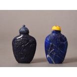 C19th Chinese lapis-lazuli snuff bottle carved to each side with cranes and pine tree, stopper,