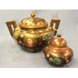 Cloisonne circular two handled urn and cover, 11cmH, marks to base C1900, and a smaller pot and