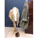 Ladies vintage sheepskin coat, fur shawl & hand warmer