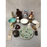 Quantity of various chinese items, including wood carving and ceramic wares Please check condition