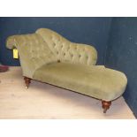 Victorian button back chaise longue on turned mahogany legs to brass castors 60 x 160 cm