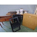 1970's style dining table, oak plant stand, modern pine effect unit with various books & 2 folding