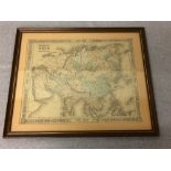 Framed and glazed old map of Asia, 32 x 40 cm Please check condition before bidding