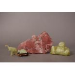 C19th Chinese pink tourmaline 'carp and dragon' carving, 20.5cm long; together with a jade figure of