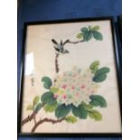 Pair small Chinese paintings on silk and a Chinese stone carving of monkeys