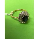 Diamond and sapphire cluster, 18 carat yellow gold ring, size O, 4.5g