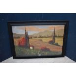 Studio framed modern school impressionist oil painting of a Tuscan landscape in vivid hues,