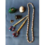 10 carat gold badge, Cameo brooch & 2 lace bobbins etc.