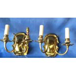 Pair of brass shield back wall lights with twin branches
