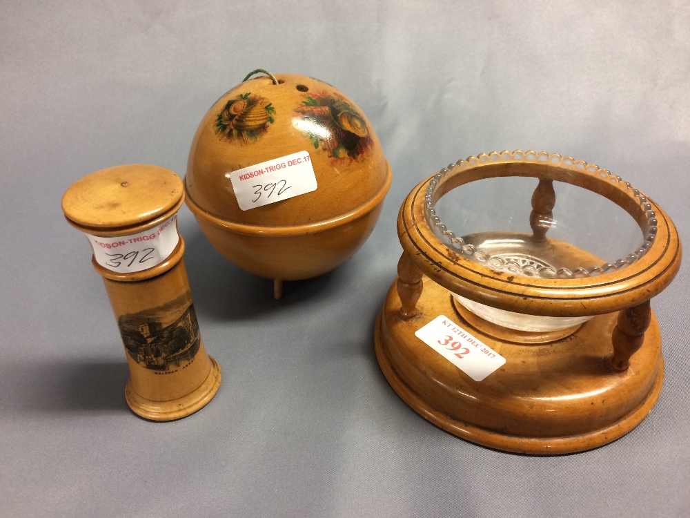 Mauchline ware spool holder, needle case & stand