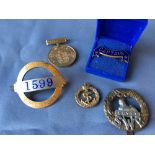 London Transport 1599 badge, Navy badge, Egypt SWP badge & States of Guernsey Liberation from German