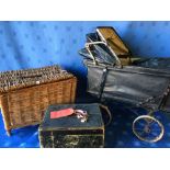 Child's vintage pram, wicker fishing basket & antique jewellery box