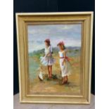 Oil painting, portrait of two girls on a sandy beach with model sailboat, 41x31.5cm