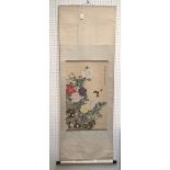 Chinese scroll of floral and butterfly decoration, with character marks, 58Wx160Lcm