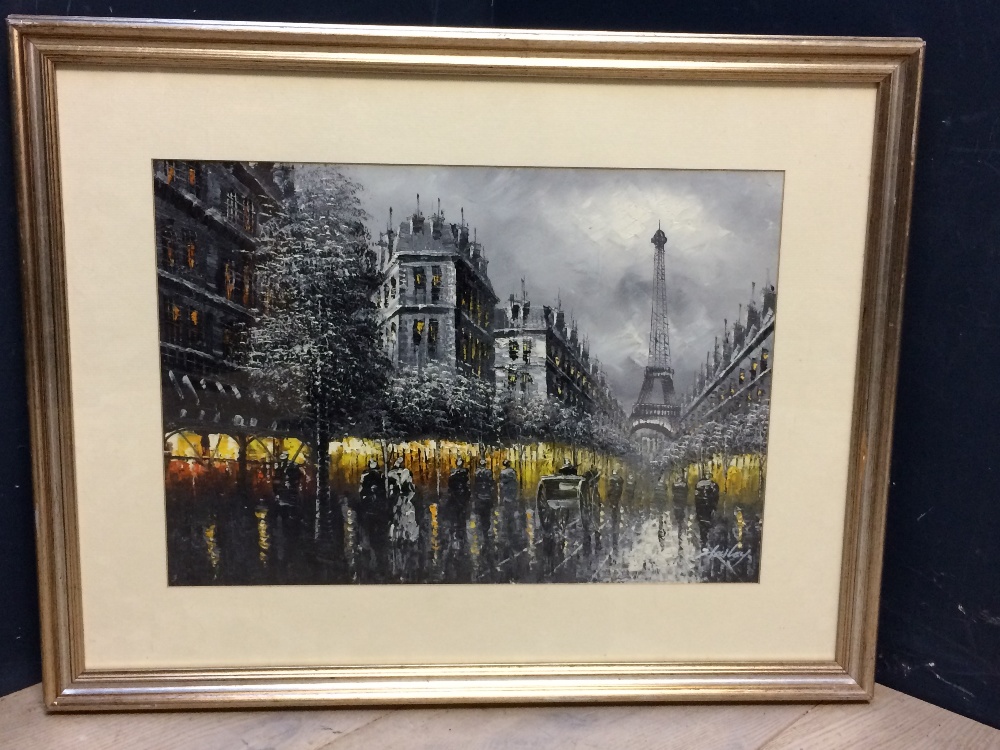 Framed impressionist style oil painting, View of Paris street scene with Eiffel Tower at dusk,