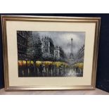 Framed impressionist style oil painting, View of Paris street scene with Eiffel Tower at dusk,