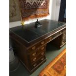 Large Georgian style walnut effect pedestal Partners desk with tooled leather top 78Hx83Wcm