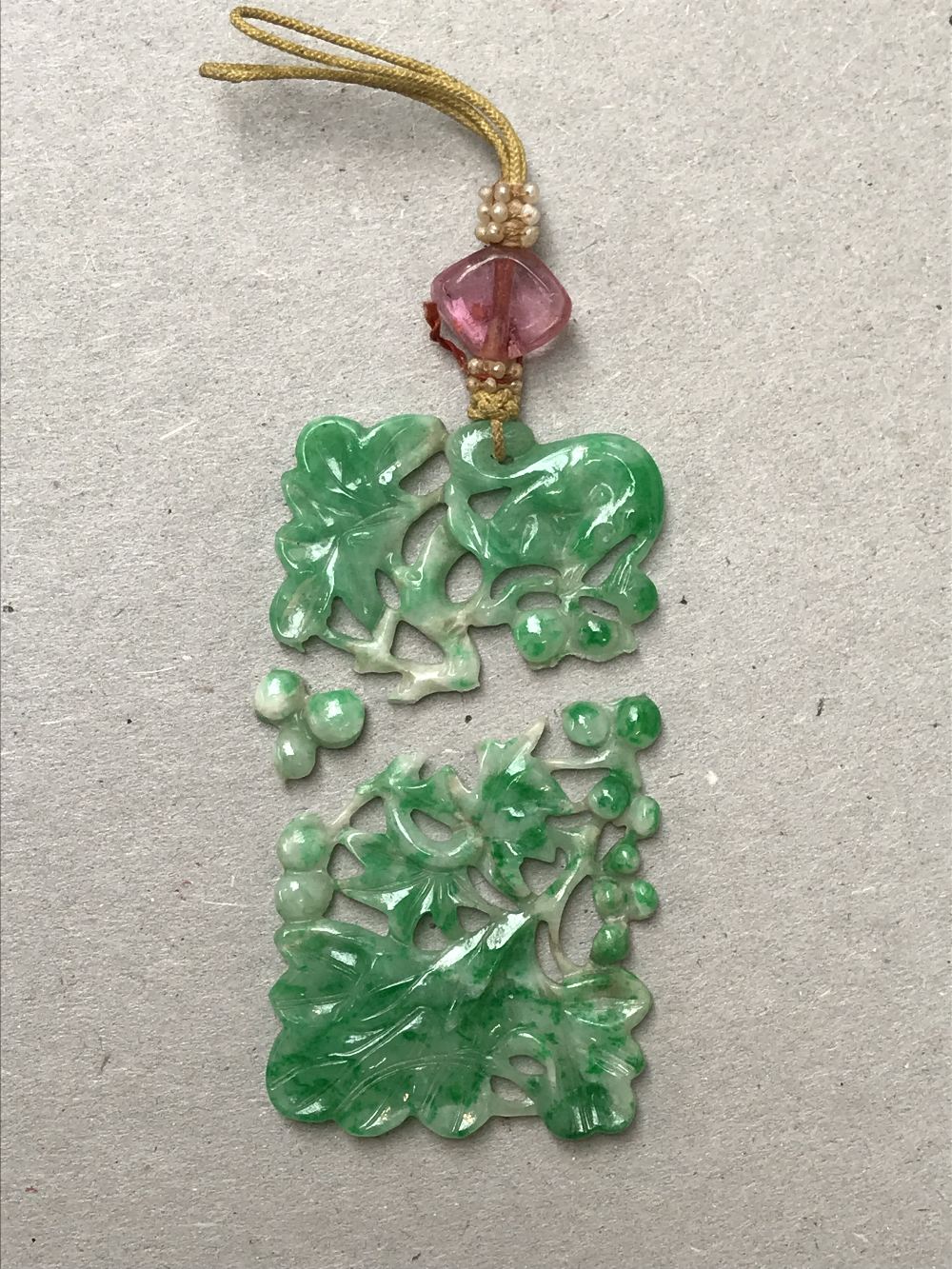Chinese Jadeite oblong pendent (in 3 pieces) Provenance: from a local country house - Vendor's Great