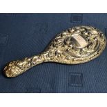 Victorian embossed hallmarked silver ladies oval hand mirror, Birmingham 1896