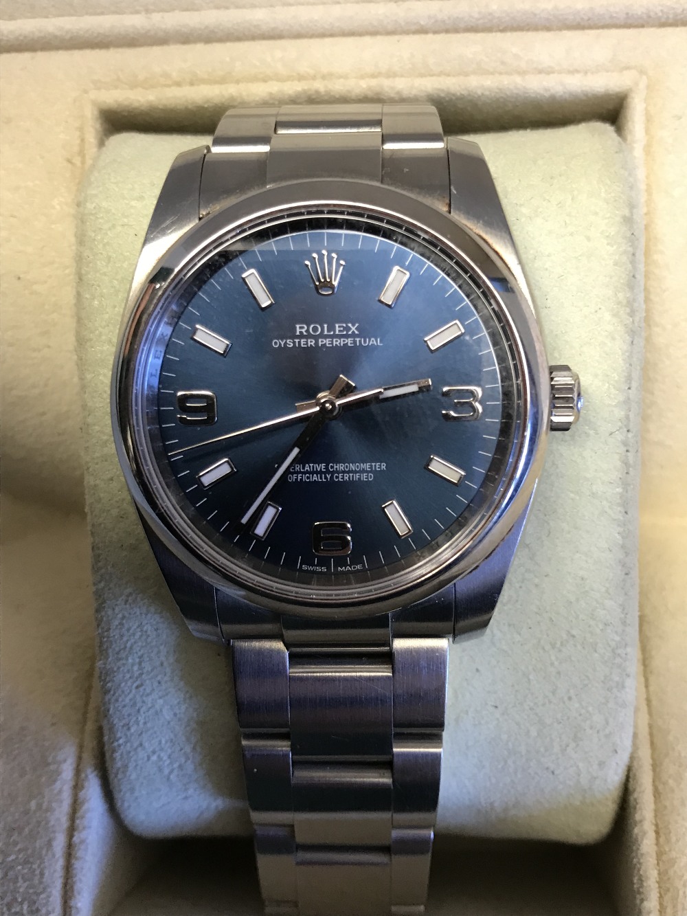 Rolex oyster perpetual stainless steel watch with blue dial, in original box with card - Image 2 of 4