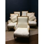 Set of 5 French style light oak & cream upholstered armchairs