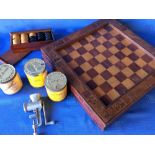 Wooden games, set for back gammon & draughts, vintage Goldflake Virginia Cigarettes in original tins