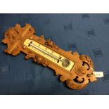 Small carved wood framed wall thermometer, 39cmH