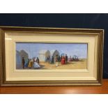 Impressionist style oil painting of Victorian figures on a beach, beside beach huts, in a gilt