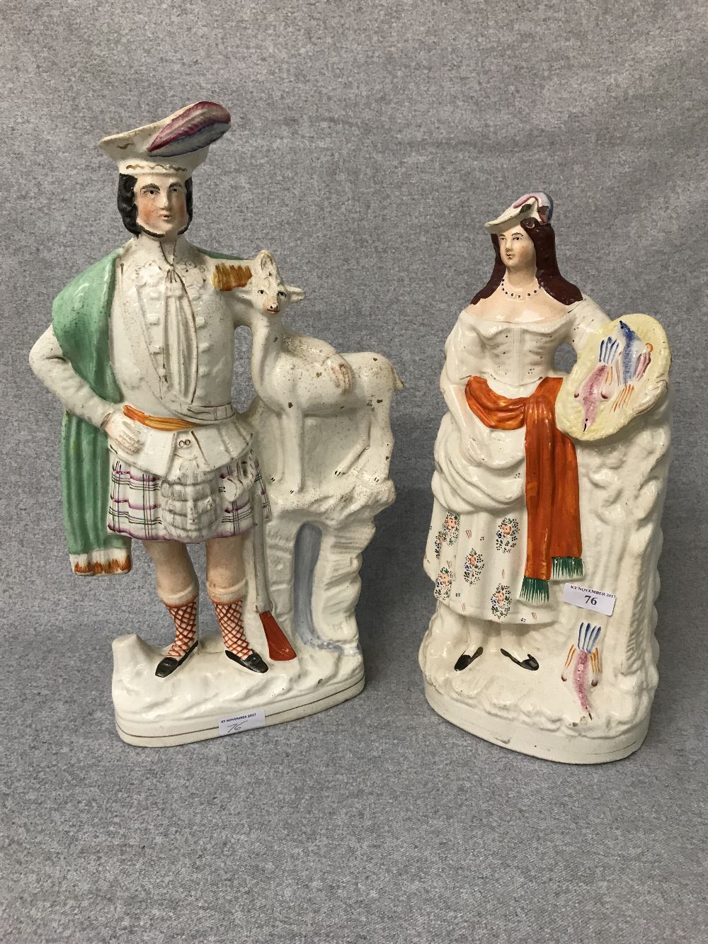 Pair of Staffordshire figures of Scotsman & Lady, 40cmH