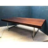 Mid C20th, Merrow Associates style rosewood effect desk with 5 single drawers & chrome base,
