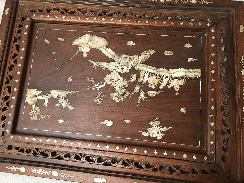 Pair of Chinese carved wooden panels, with mother of pearl inlay, depicting figures in a Chinese - Image 3 of 3