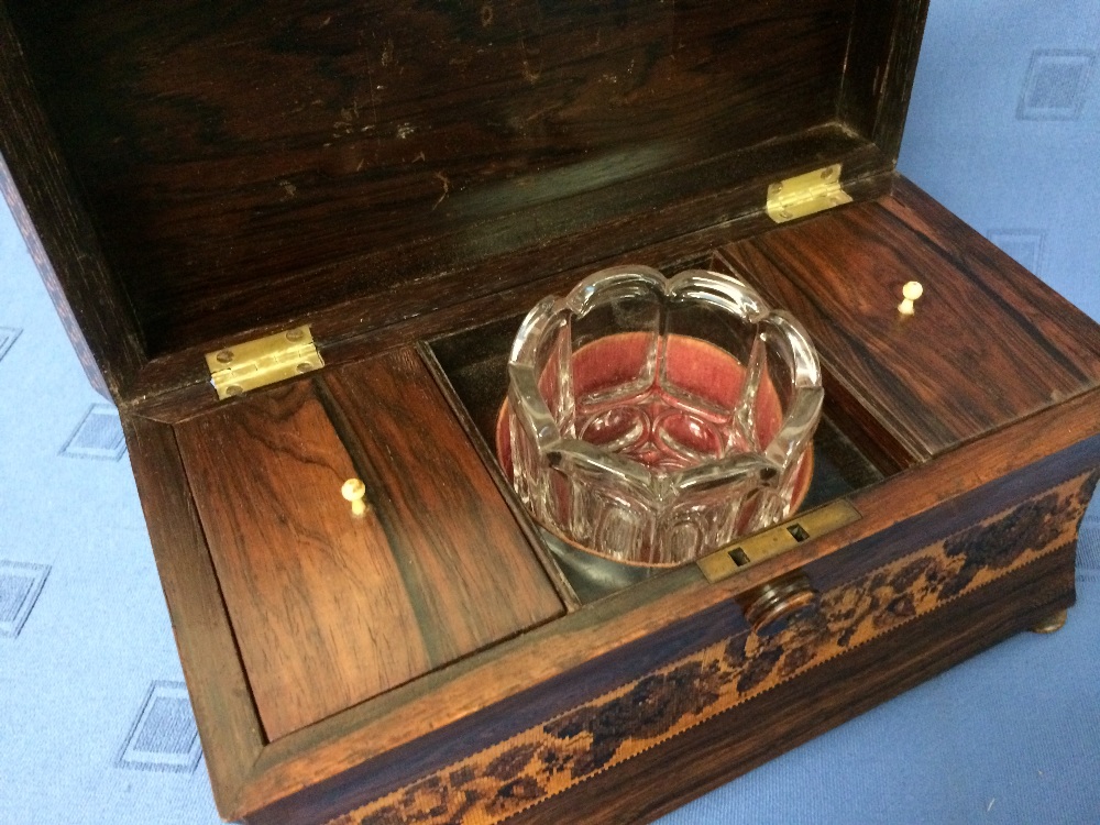 Fine quality Tunbridge ware rosewood tea caddy, the rising lid enclosing a bowl flanked by a pair of - Image 2 of 2