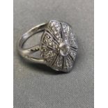 18 carat white gold panel diamond cluster ring, size N, 5.2g